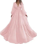 Long Puff Sleeves Prom Dresses V-Neck Pleats Chiffon Princess Evening Gowns Women Party Dress Plus Size