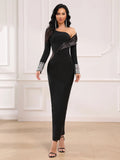 2025 Spring Women's Sexy Asymmetric Bandage Dress with Diagonal Collar Long Sleeve Bead Design Bodycon Long Dress Party Vestidos black
