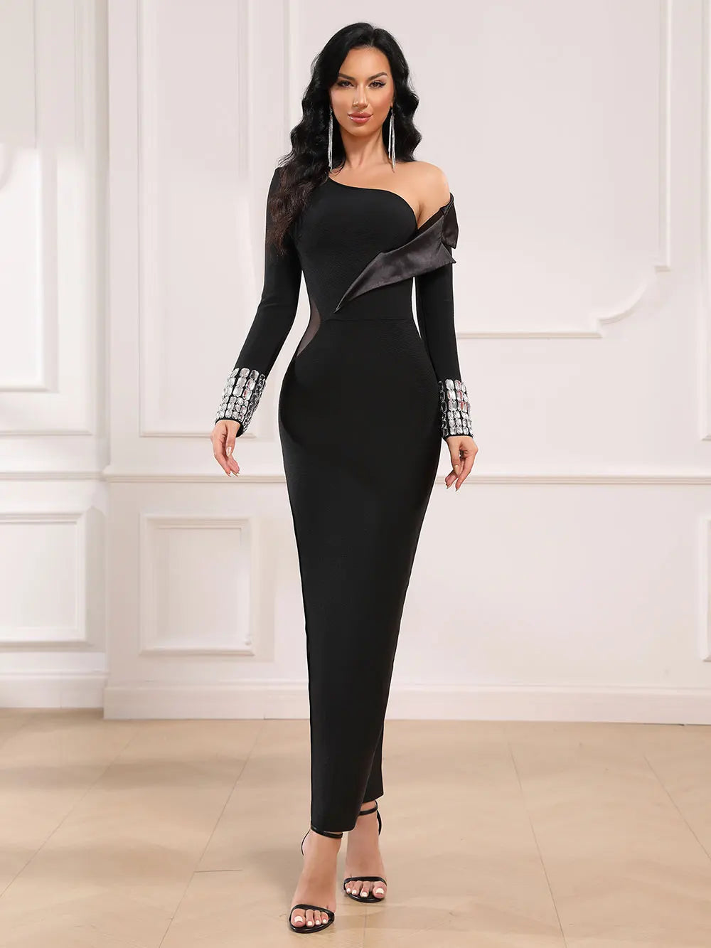 2025 Spring Women's Sexy Asymmetric Bandage Dress with Diagonal Collar Long Sleeve Bead Design Bodycon Long Dress Party Vestidos black