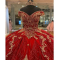 Glittering Red Off-Shoulder Quinceanera Dress Gold Beading Lace Princess Cinderella Birthday Vestidos De 15 Anos