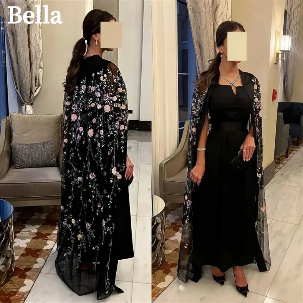 Black Satin Prom Dresses Two Layers A-line Evening Dress Elegant Detachable Shawl Satin Family Gather Vestidos De Fiesta As Picture