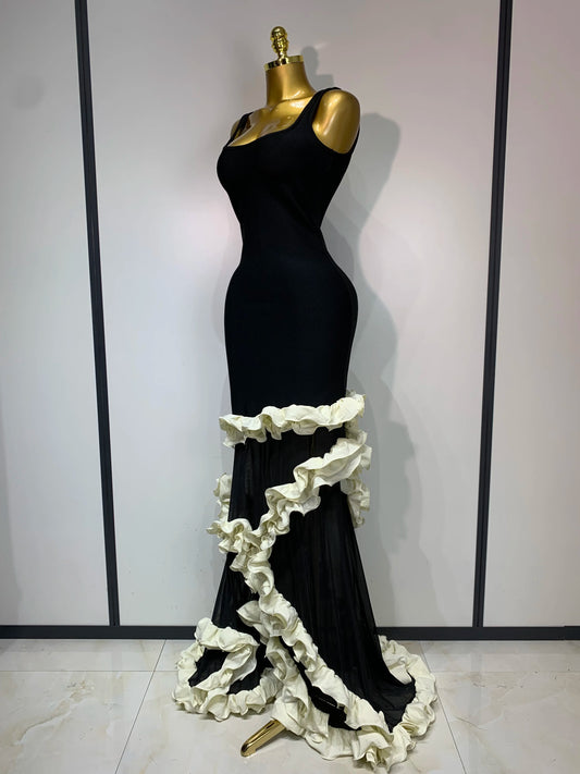 Women Black Sleeveless Ruffles Patchwork Maxi Bandage Dress 2025 Celebrity Elegant Evening Party Gowns Fashion Show Outfit