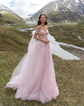 Pink Tulle Wedding Dresses Women Off The Shoulder Lace 3D Flowers Wedding Gown Bride Dress Vestidos De Novia