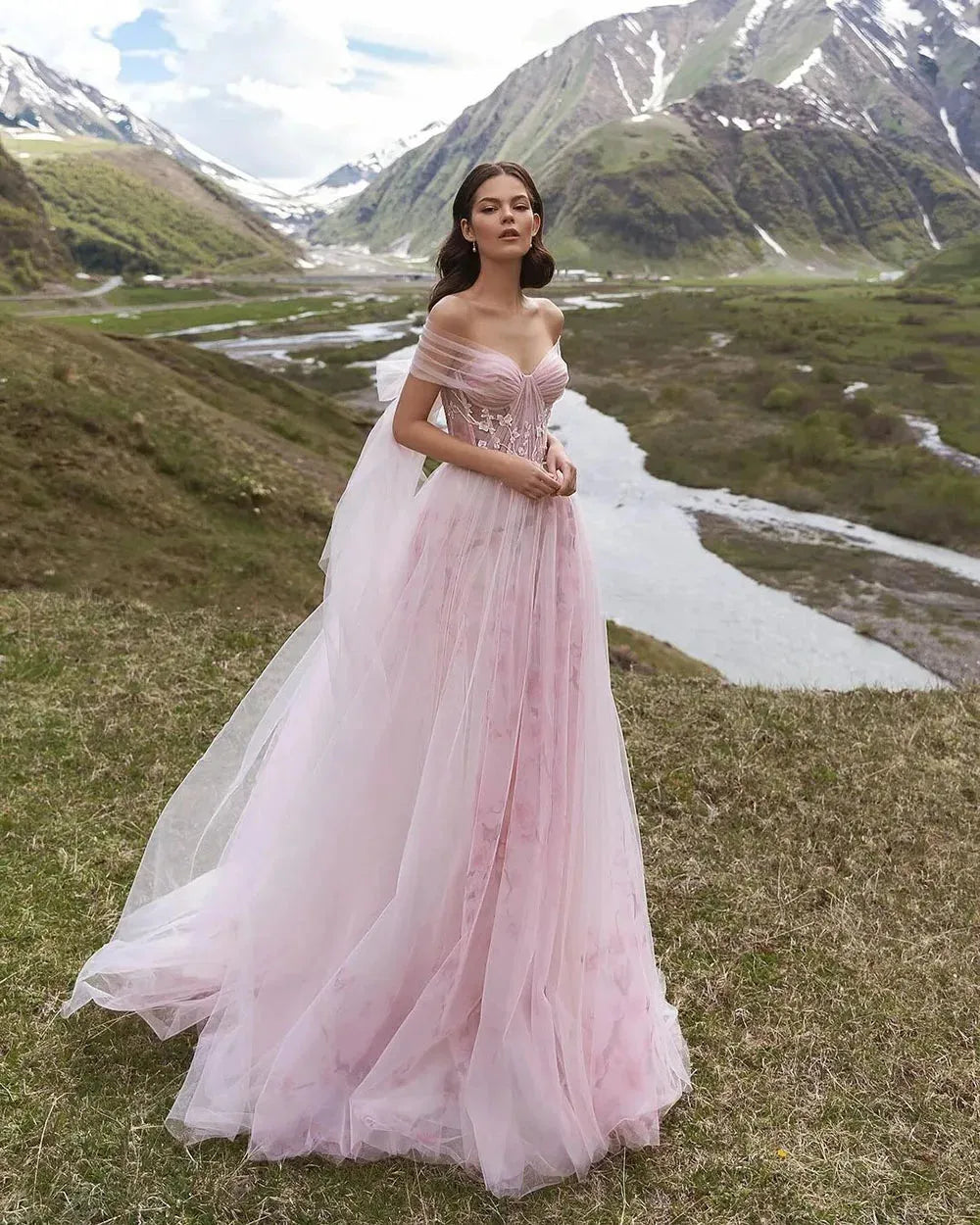 Pink Tulle Wedding Dresses Women Off The Shoulder Lace 3D Flowers Wedding Gown Bride Dress Vestidos De Novia