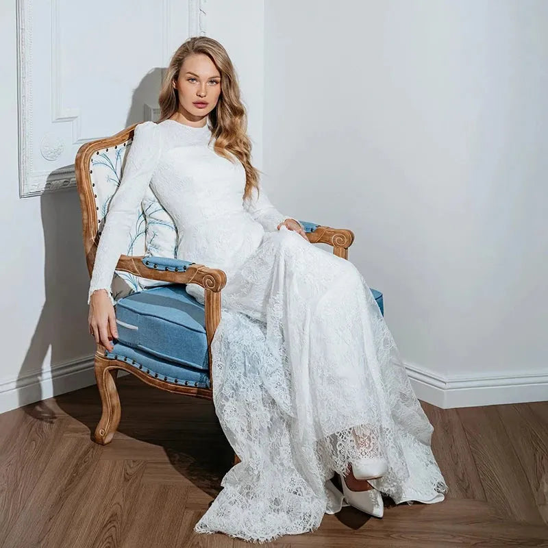 White Mermaid Wedding Dresses 2025 O Neck Long Sleeves Lace Bridal Dress Boho Beach Wedding Prom Ball Gowns Customized Custom Color