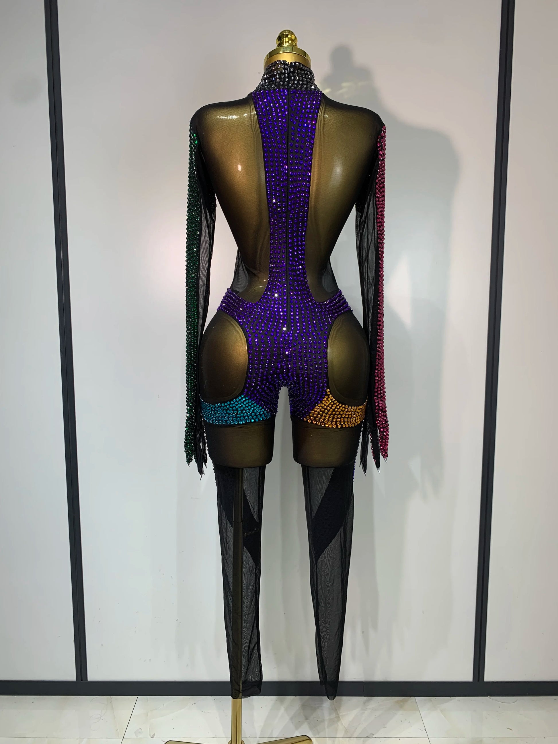 Sparkly Rhinestones Jumpsuit for Women Sexy Mesh Transparent Nightclub Outfit Luxury Birthday Party Stage Performance Costume