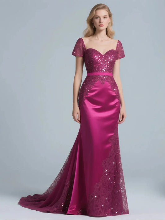 Mother Of The Bride Dress - Elegant Satin Mother of the Bride Dress Short Sleeves Appliques Sequin Luxury Formal Long Evening Gown 2025 Free Customized Fuchsia 1