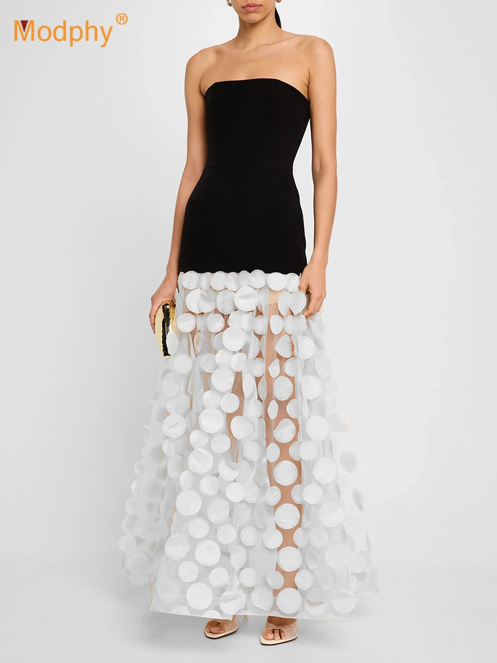 2025 Sexy Women Strapless Dot Mesh Patchwork Long Dress Patchwork Polka Dot A- Line Slim Dresses Female Evening Party Gowns