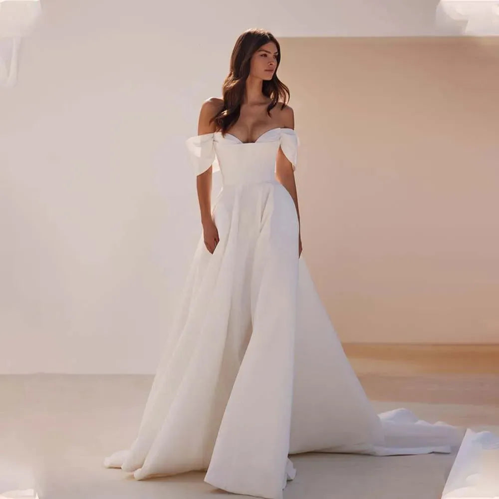 Off-the-shoulder V-neck Wedding Dresses Sweep Train Formal Bridal Grown Vestido De Noival Ivory