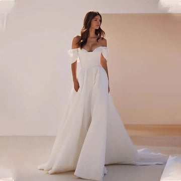 Off-the-shoulder V-neck Wedding Dresses Sweep Train Formal Bridal Grown Vestido De Noival Ivory