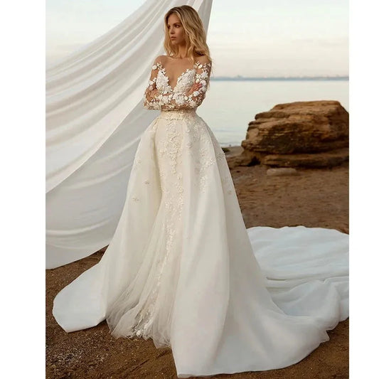Bohemian Wedding Dresses Elegant Women Sexy V-Neck Mermaid Detachable Two In One Applique Button Bridal Gowns Vestidos De Ivory