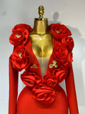 Sexy Fashion Red 3D Flower Long Sleeves Bodycon Long Bandage Dress Women Celebrity Elegant Evening Party Birthday Dresses