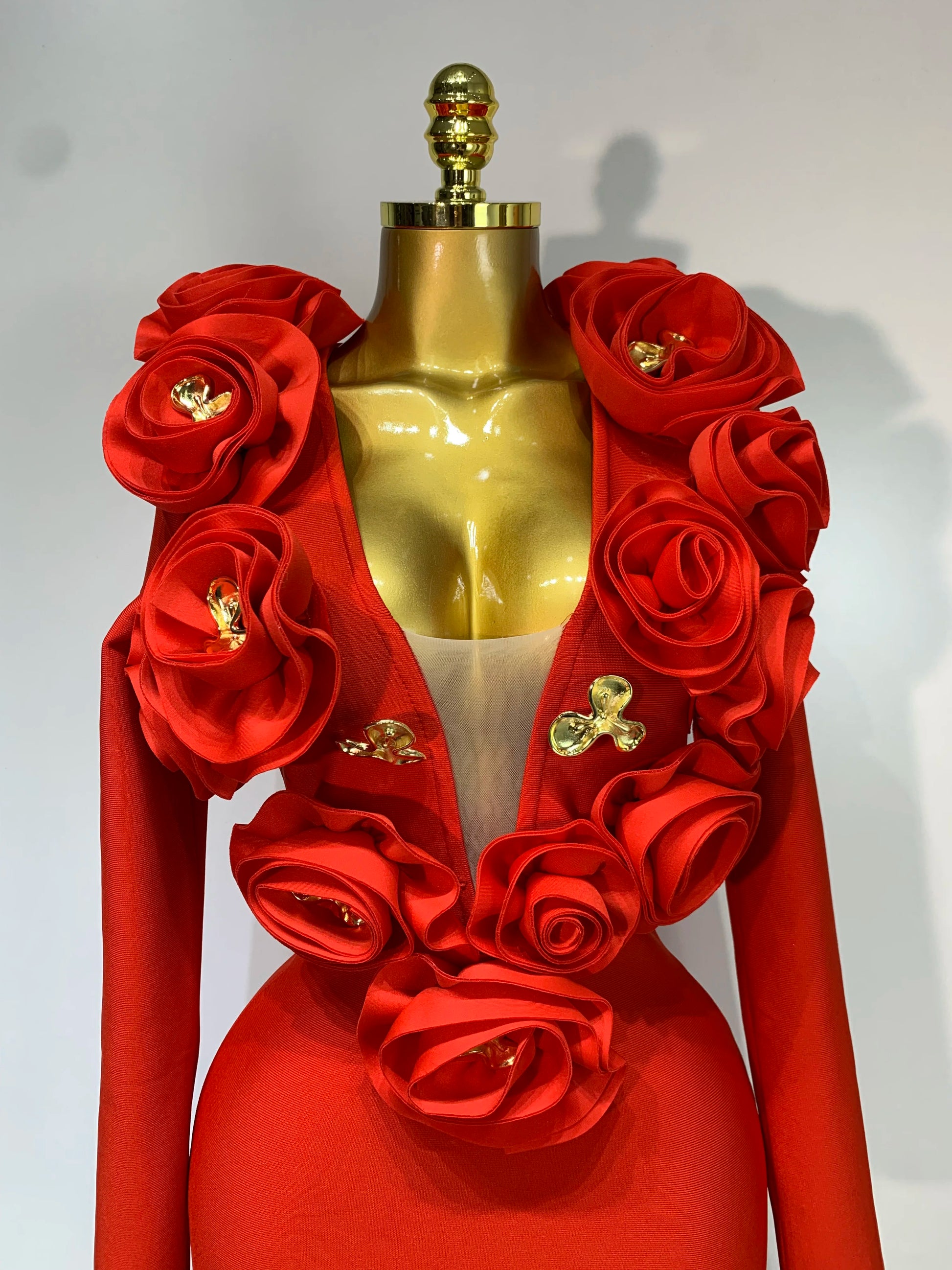 Sexy Fashion Red 3D Flower Long Sleeves Bodycon Long Bandage Dress Women Celebrity Elegant Evening Party Birthday Dresses