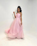 Amanda Strapless Organza Light Pink A-line Floor Lenght Prom Dress Sexy Sleeveless Crimping Prom Gown