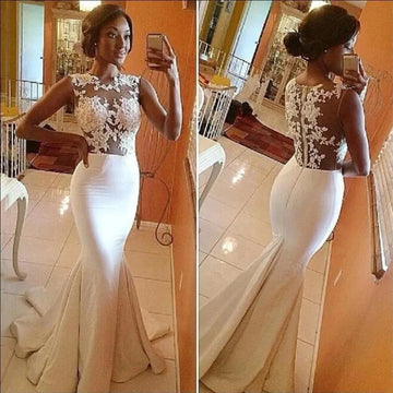 Beach Wedding Dress Boho Vestidos De Novia Lace Applique Sleeveless Zipper Back Mermaid Satin Floor-Length Elegant Bride Gown As Picture