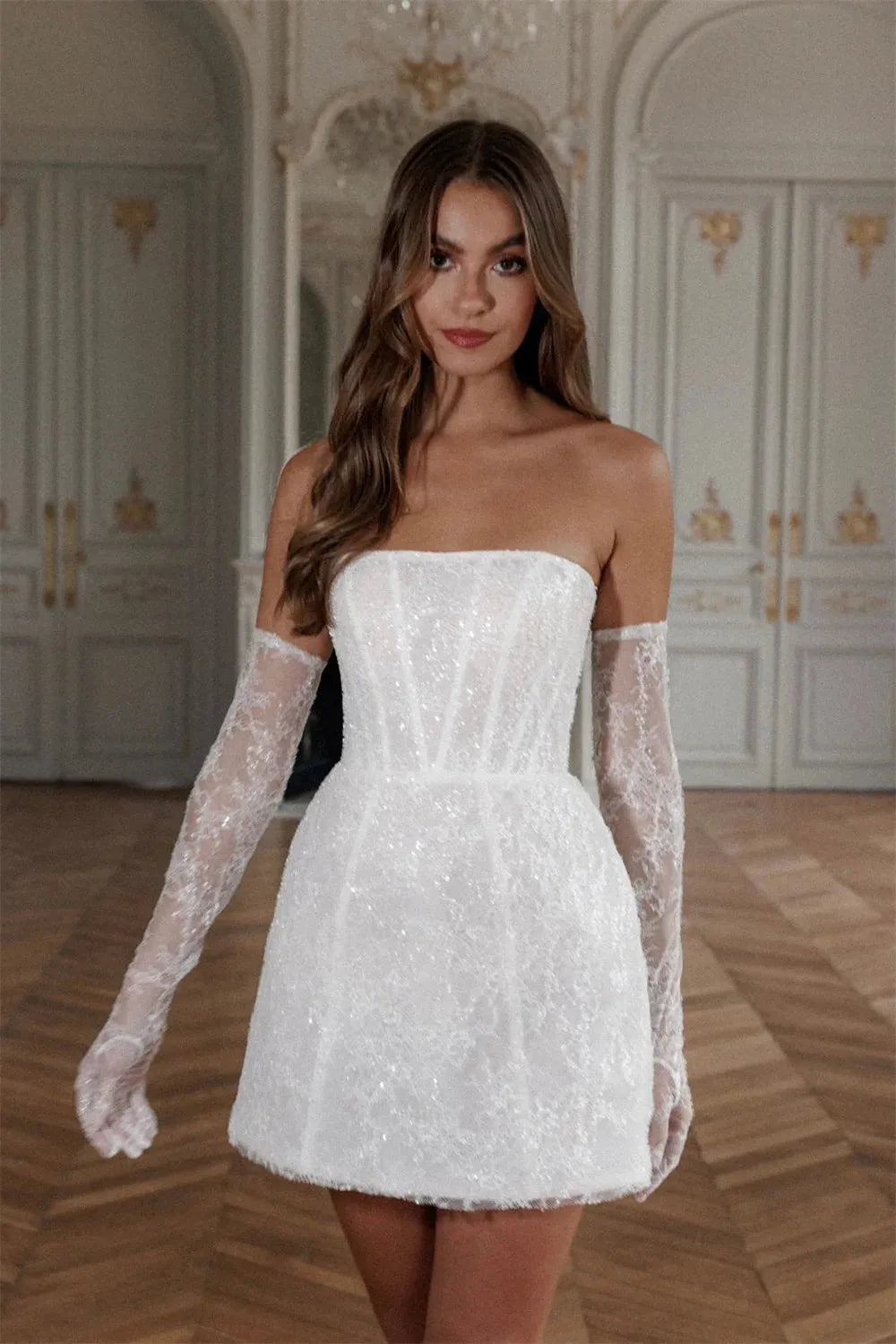 Bella White Mini Prom Dresses Strapless Glitter Lace Appliques Wedding Dress Elegant Lace-up Back Vestidos De Fiesta 2024 As Picture