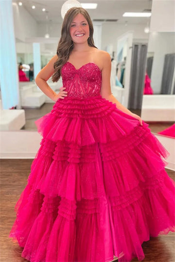 Heart Shaped Neck A-line Vestido De Novia Lace Top Multilayer Mesh Prom Dress Sexy Side High Split Graduation Ball As Picture