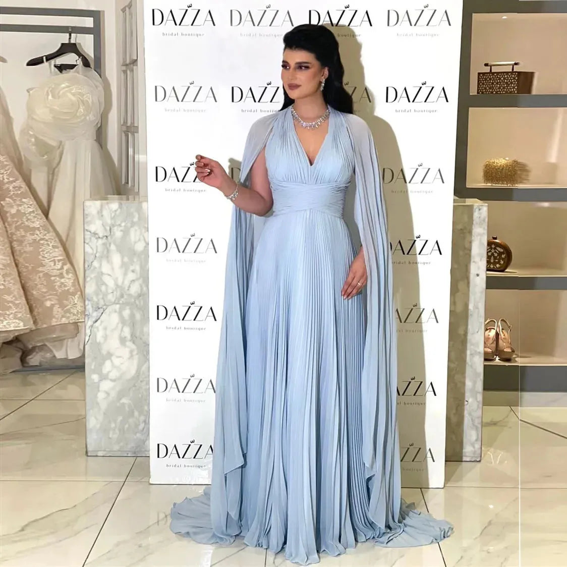 Baby Blue Chiffon Saudi Arabia Long Prom Dresses Cape Sleeves Formal Evening Party Dress Dubai Women Party Gowns As Picture