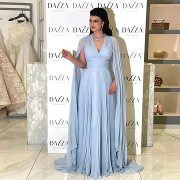 Baby Blue Chiffon Saudi Arabia Long Prom Dresses Cape Sleeves Formal Evening Party Dress Dubai Women Party Gowns As Picture