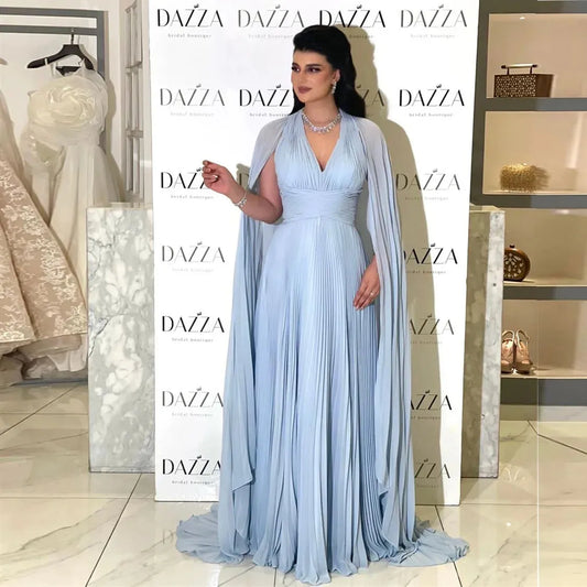 Baby Blue Chiffon Saudi Arabia Long Prom Dresses Cape Sleeves Formal Evening Party Dress Dubai Women Party Gowns As Picture