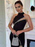 2024 Sexy Women's Nail Bead Bandage Dress Standing Collar Sleeveless Hollow Bodycon Bareback Split Flute Dress Party Vestidos