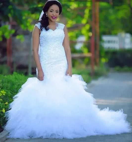 African woman Custom v neck beading Puffy Ruffle Tulle ball Gown Trumpet Mermaid Wedding Dress Ivory
