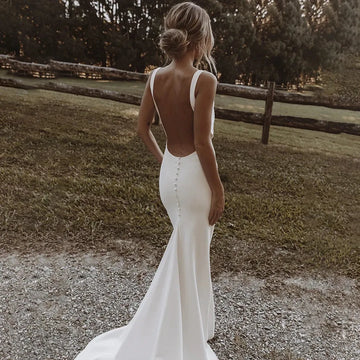 Modern Sheath Minimalist Wedding Dresses For Women Buttons Oversized Tight Fit Simple Bow Train Backless Bridal Gown White