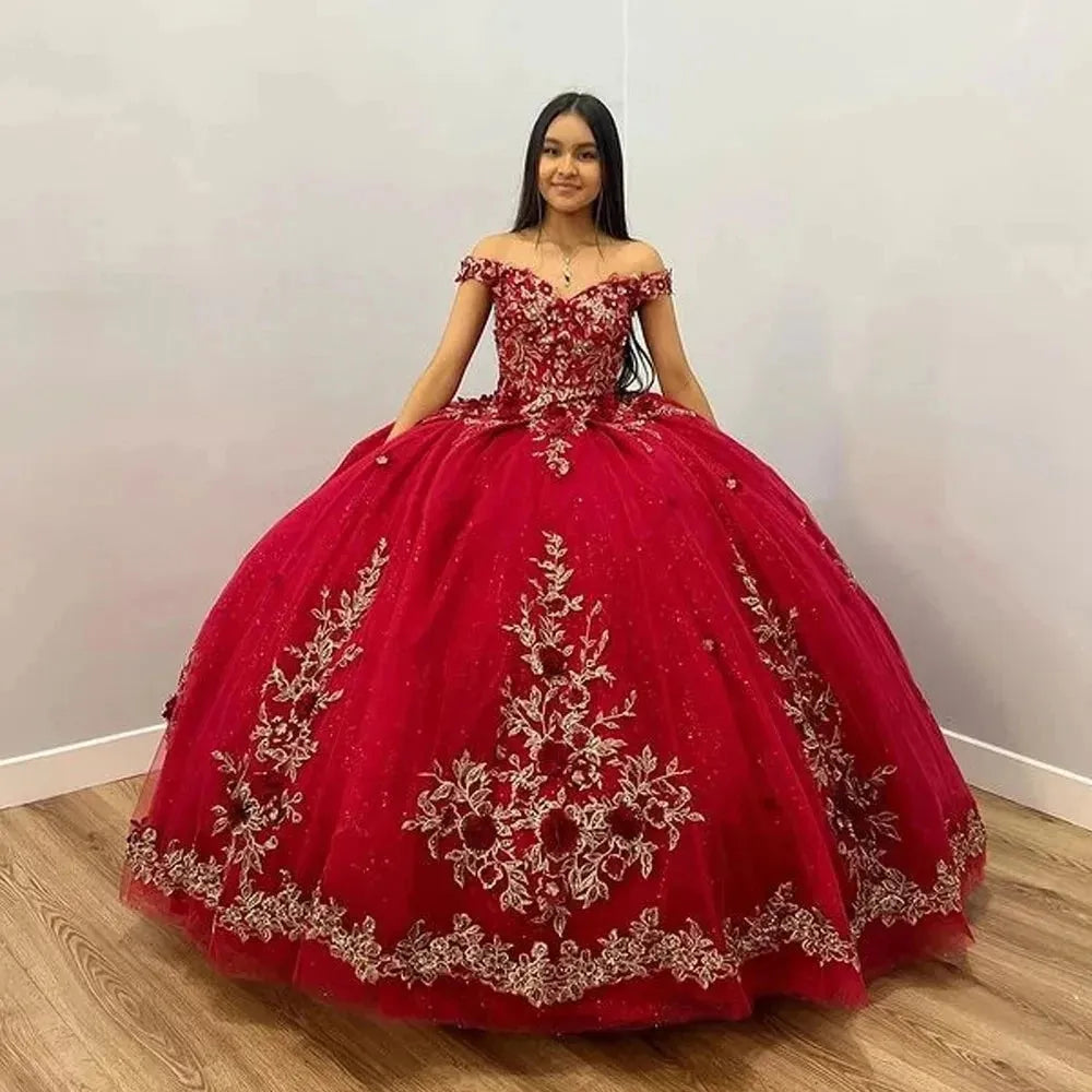 Camilla s Luxury Burgundy Quinceanera Dresses Gold Lace Appliques 3D Flower Vestidos de 15 Anos Formal Birthday Party Gowns Picture Burgundy 4