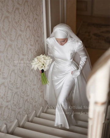 Modest Arabic Wedding Dresses Long Sleeves Muslim High Neck Silk Satin Bridal Gowns for Brides Customized Evening Dress
