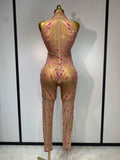 Sparkly Rhinestones Mesh See Through Jumpsuit Women Sexy Sleeveless Performance Dance Costume Birthday Nightclub Stage Outfit