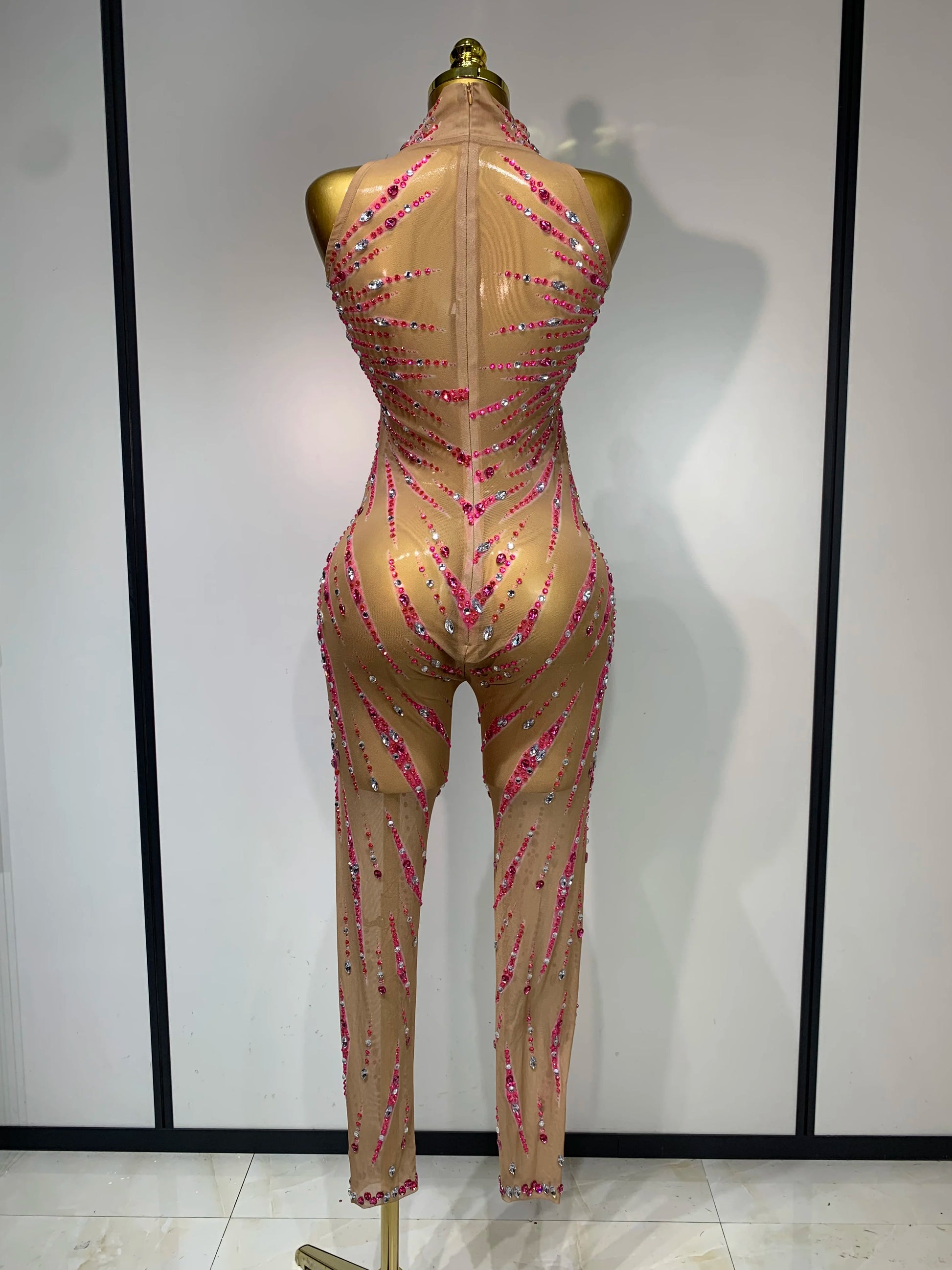 Sparkly Rhinestones Mesh See Through Jumpsuit Women Sexy Sleeveless Performance Dance Costume Birthday Nightclub Stage Outfit