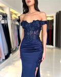 Lace Appliques Satin Prom Dresses Off the Shoulder vestidos de noche Elegant Sleeveless Sexy Side Split Formal Evening Blue