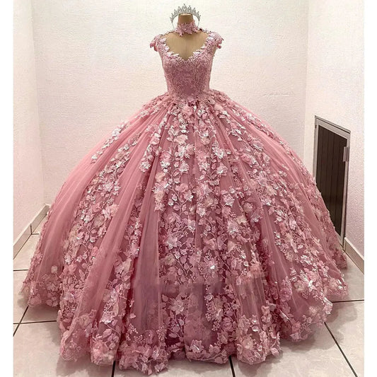 Pink 3D Flowers Quinceanera Dresses Luxury Pearls Beading Appliques Vestidos De 15 Anos Birthday Party Princess Pink