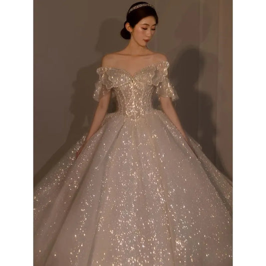 Luxury Off The Shoulder Wedding Dress Big Butterfly New Bride Dress Beading Shiny Big Ball Gown Long Train Vestido De Noiva
