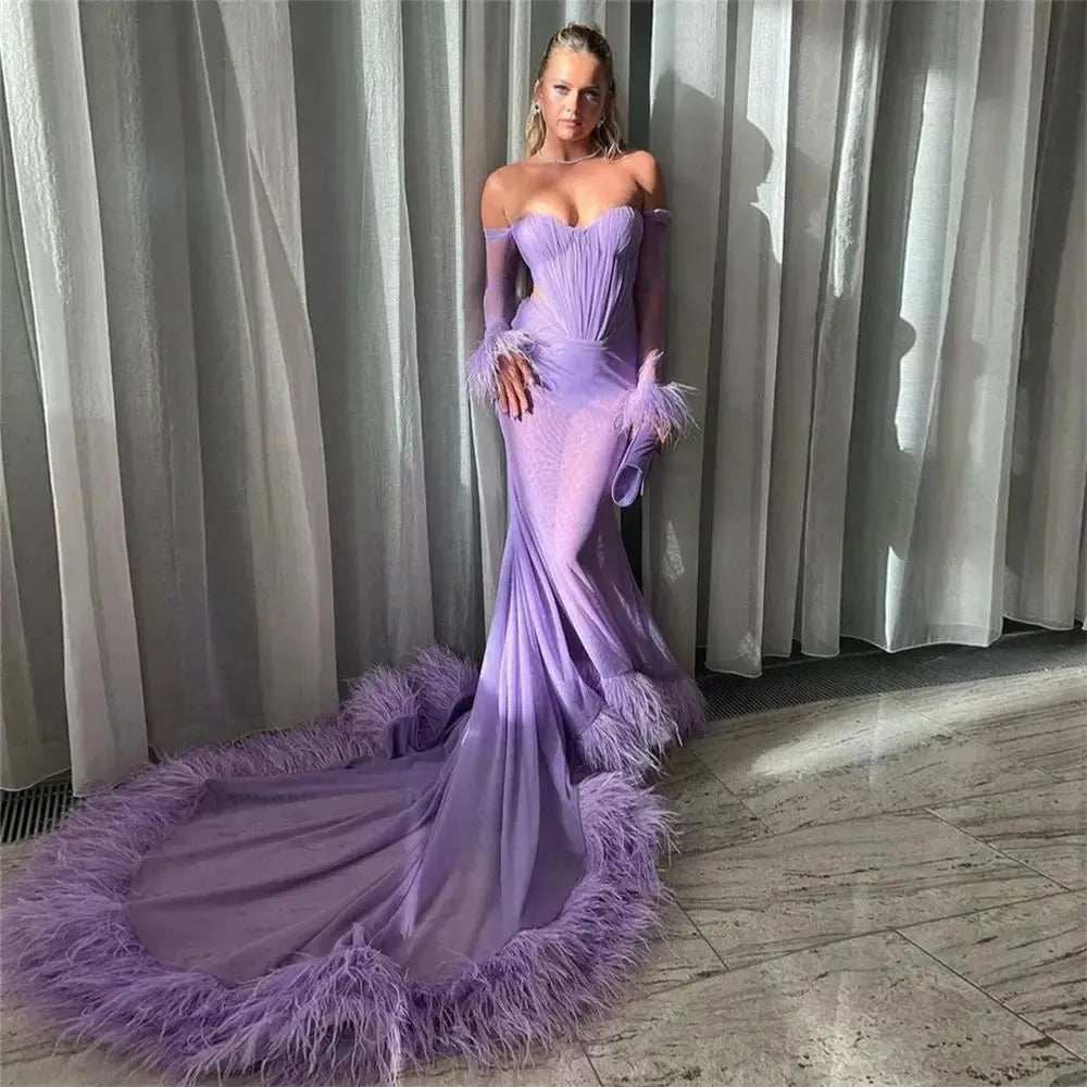 Noble Lavender Mermaid Prom Dress Chiffon Off The Shoulder Feather Flo
