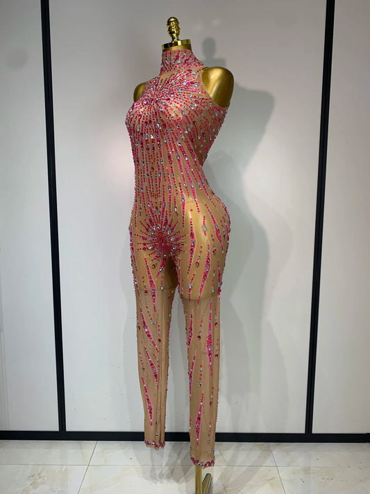 Sparkly Rhinestones Mesh See Through Jumpsuit Women Sexy Sleeveless Performance Dance Costume Birthday Nightclub Stage Outfit