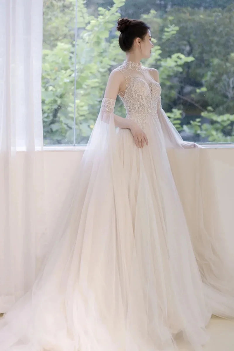 Boho Wedding Dress New French Style With Detachable Cap Luxury Embroidery Zipper With Buttones