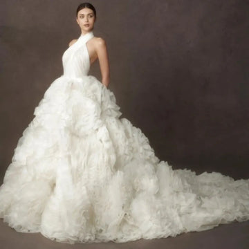 Halter Handmake Ruffled Off White Evening Dress With Long Train Puffy Floral Wedding Dresses Elegant Bridal Gown Ever Pretty