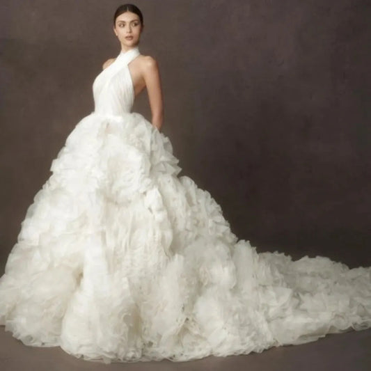 Halter Handmake Ruffled Off White Evening Dress With Long Train Puffy Floral Wedding Dresses Elegant Bridal Gown Ever Pretty