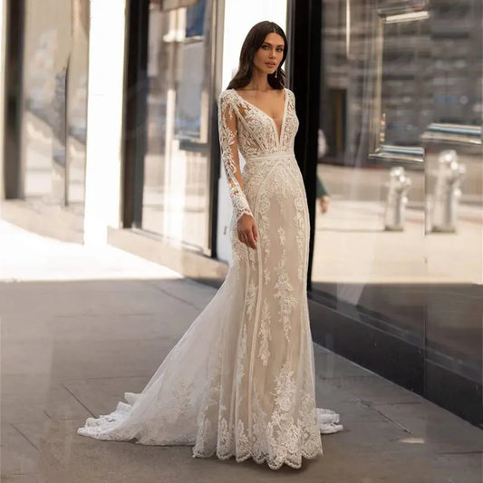 Modern Lace Mermaid Wedding Dress Long Sleeve V-Neck Sexy Illusion Back Bridal Gown Sexy Deep V Neck Vestidos De Novia Modernos Ivory
