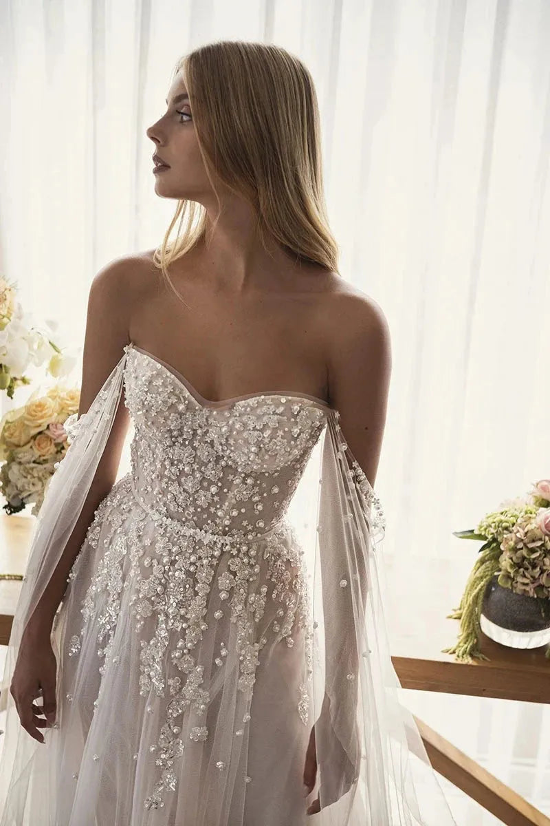 Sparkling Eightale Bohemian Wedding Dresses Off the Shoulder Beaded with Pearls Appliques Wedding Gown Boho Bridal Dresses