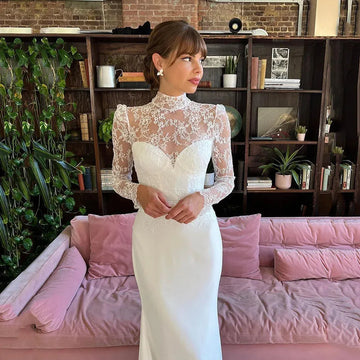 High Neck Modern Mermaid Wedding Dresses Lace Long Sleeves Satin Illusion Bridal Gown With Button Vestidos De Noiva White