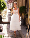 Summer Wedding Dress Lace Appliques Sleeveless A-Line Tulle Tiered Mid-Calf Short Dress Bridal Gown Boho Robe de mariée As Picture