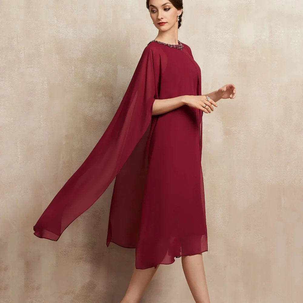 Customized O Neck Mother of Dresses Straight Casual Evening Gowns Crystal Wine Red Bride Party Dress robes invitée mariage wine red