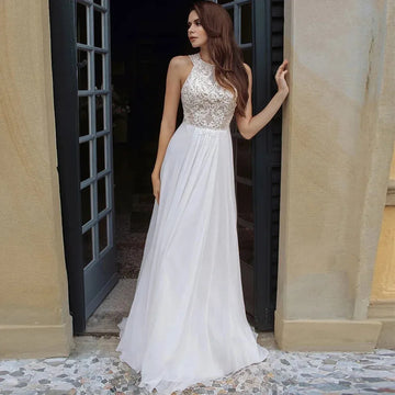 Fall In Love Dress Custom Beach Boho Wedding Dress Halter Neck Hollow Back Lace Appliques A-Line Chiffon Country Bridal Gown As Picture