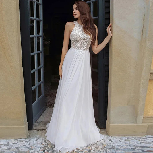 Fall In Love Dress Custom Beach Boho Wedding Dress Halter Neck Hollow Back Lace Appliques A-Line Chiffon Country Bridal Gown As Picture