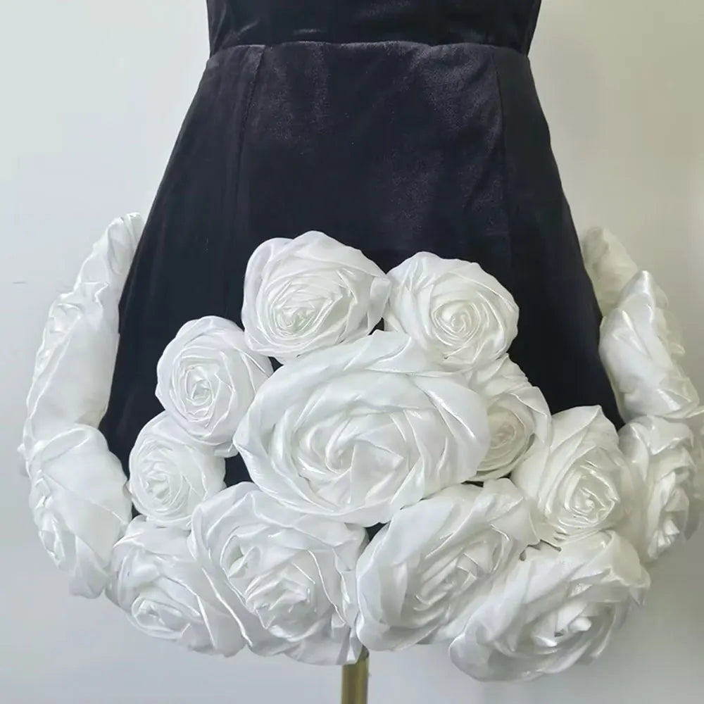 2024 Sexy Women Light Luxury Flower Design Velvet Dress Strapless Sleeveless A-line Bareback Mini Dress Christmas Party Vestidos