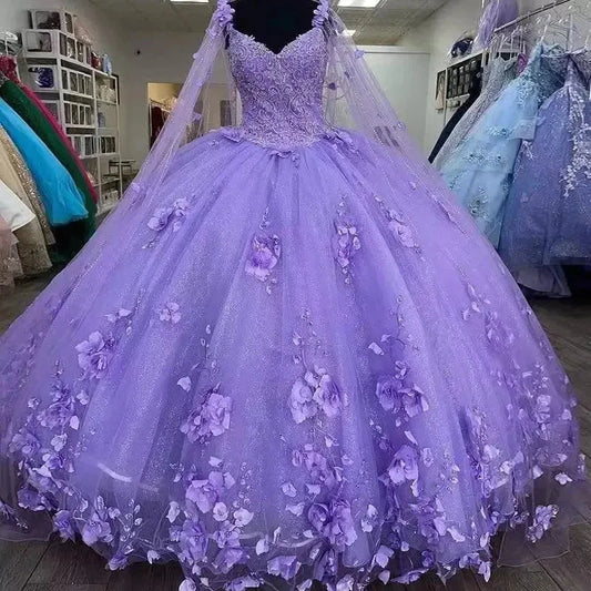 Lavender Ball Gown Quinceanera Dresses with Cape 15 Party 3D Flower Cinderella 16 Princess Gowns With Wrap Lavender