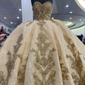 Luxury Quinceanera Dresses Shiny Gold Appliques Vestidos De 15 Anos Corset Back Court Train Formal Birthday Party