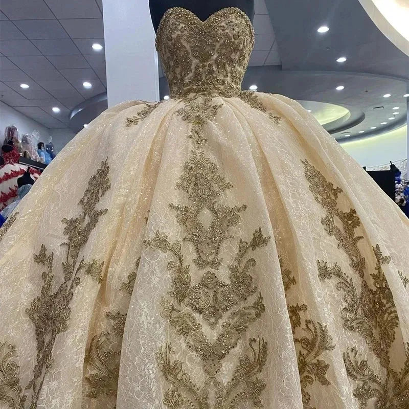 Luxury Quinceanera Dresses Shiny Gold Appliques Vestidos De 15 Anos Corset Back Court Train Formal Birthday Party